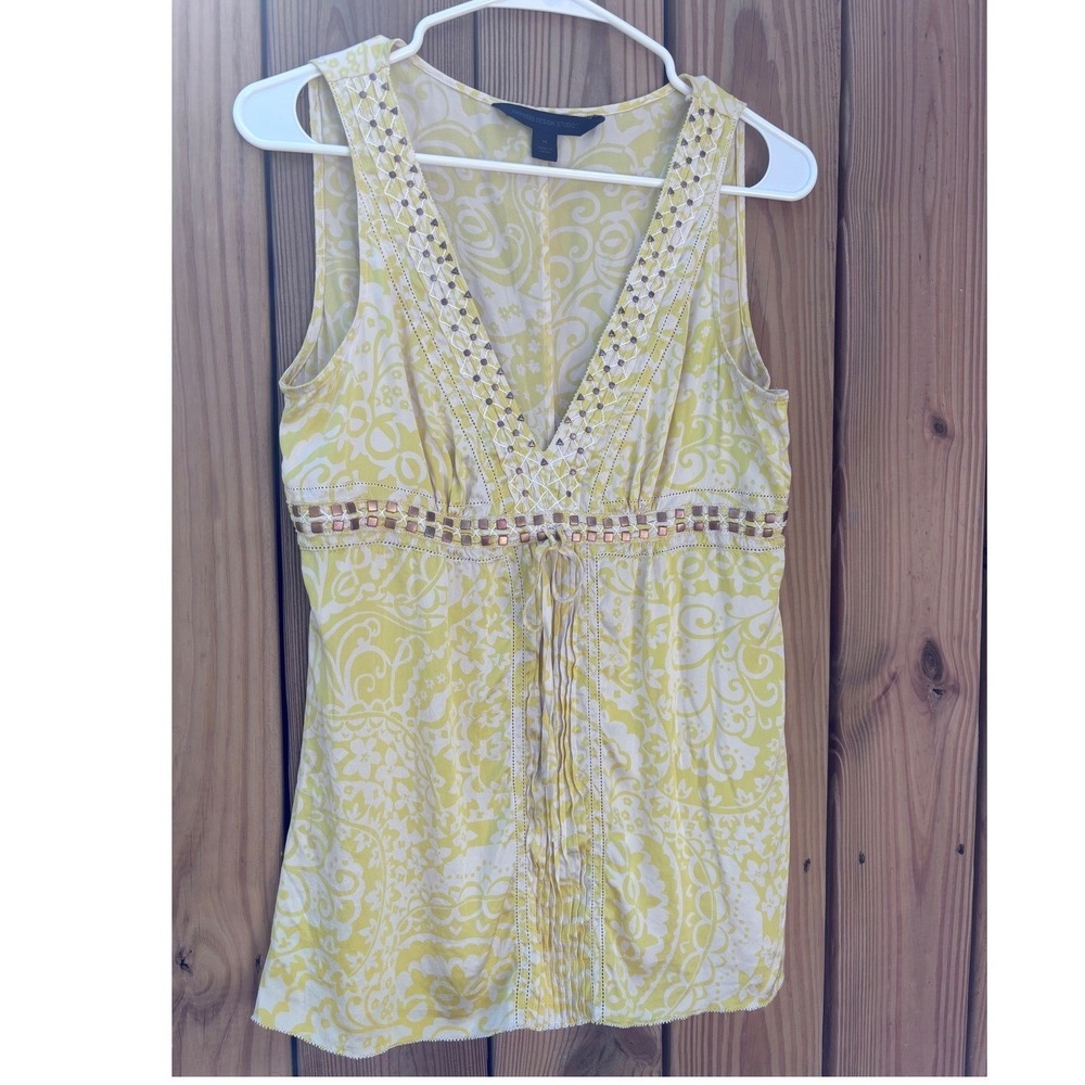 Express  Design Studio Silk Yellow Paisley Studded Sleeveless Top Y2k Babydoll